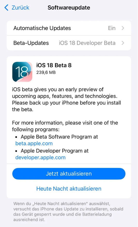 满城苹果手机维修分享苹果 iOS / iPadOS 18 开发者预览版 Beta 8 发布 